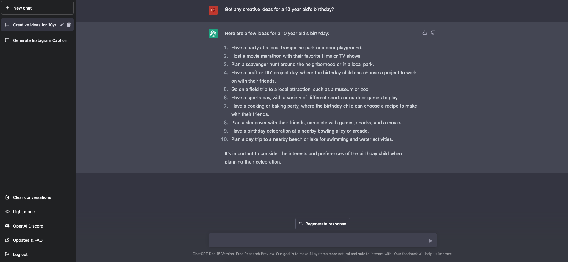 "Example of using ChatGPT to generate ideas for a 10-year-old's birthday party"